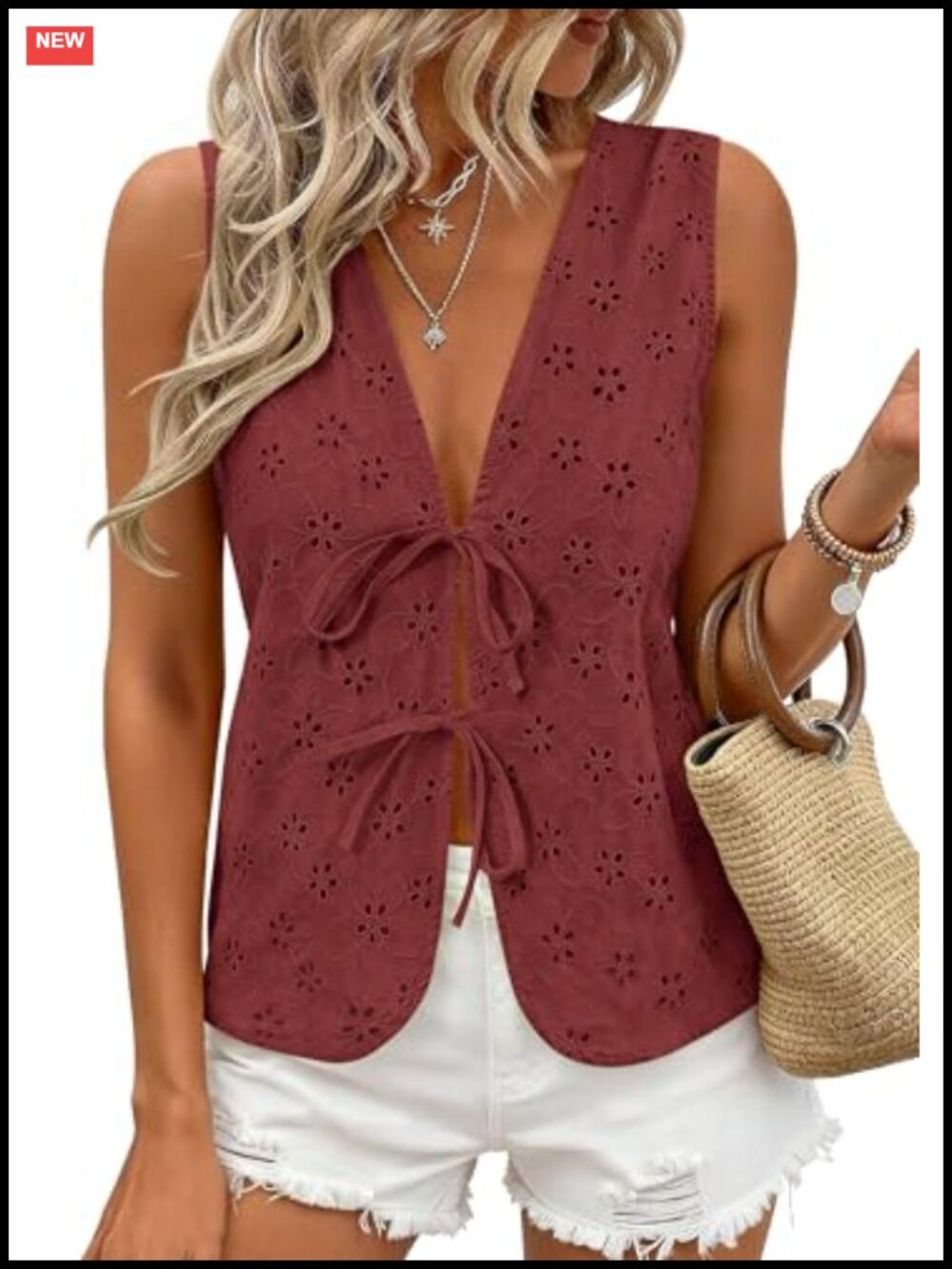 Women's Eyelet Lace Tie Front Sleeveless Vest Top Cotton Summer Boho Tank
